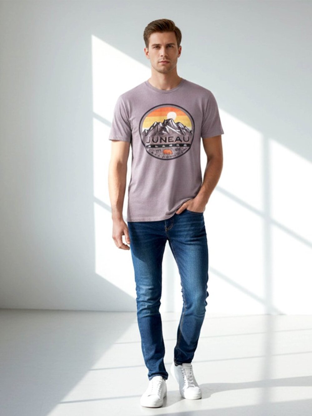 Juneau Alaska Last Frontier Mountain Sunset Graphic Tee Mens Small Blue 84
